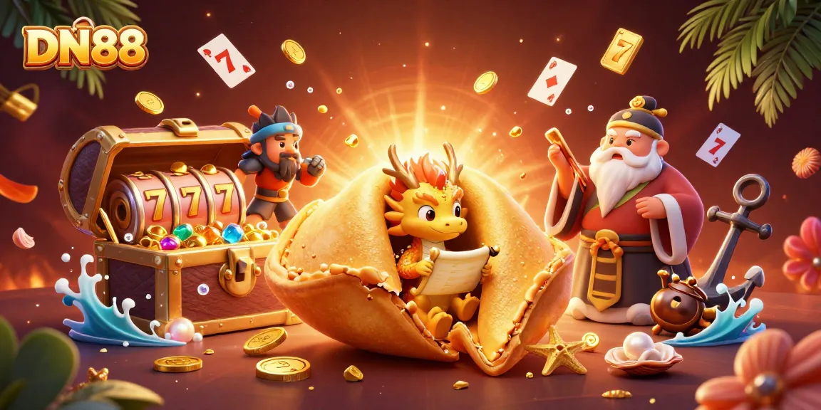 Experience the thrilling world of DN88 with captivating casino elements and a vibrant 3D illustration.