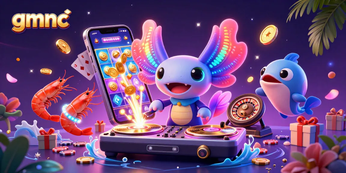 Experience the vibrant world of gmnc with this dynamic underwater casino scene featuring a neon axolotl DJ.