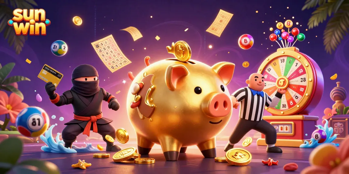Sun Win's vibrant casino scene features animated characters, lottery elements, and dynamic gameplay action.