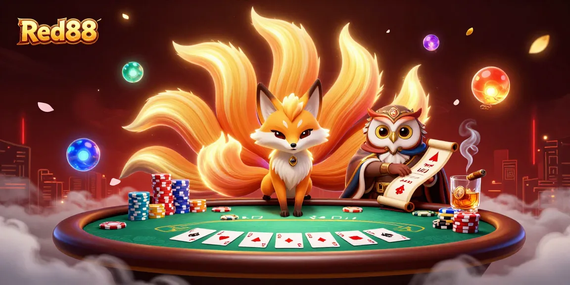 Red88 players enjoying a dynamic poker scene with a vibrant nine-tailed fox spirit, illuminating spirit orbs, and rich game elements.