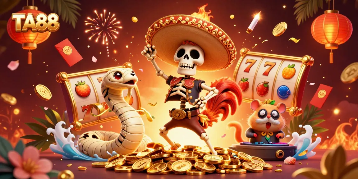 Celebrate wins with TA88 featuring vibrant casino characters amidst golden coins and slot reels.