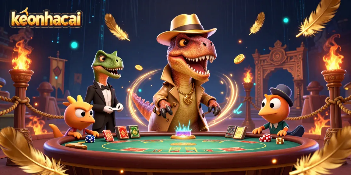 Interactive scene of keonhacai with a velociraptor card counter, suspicious stegosaurus, and pickpocket at a casino table.