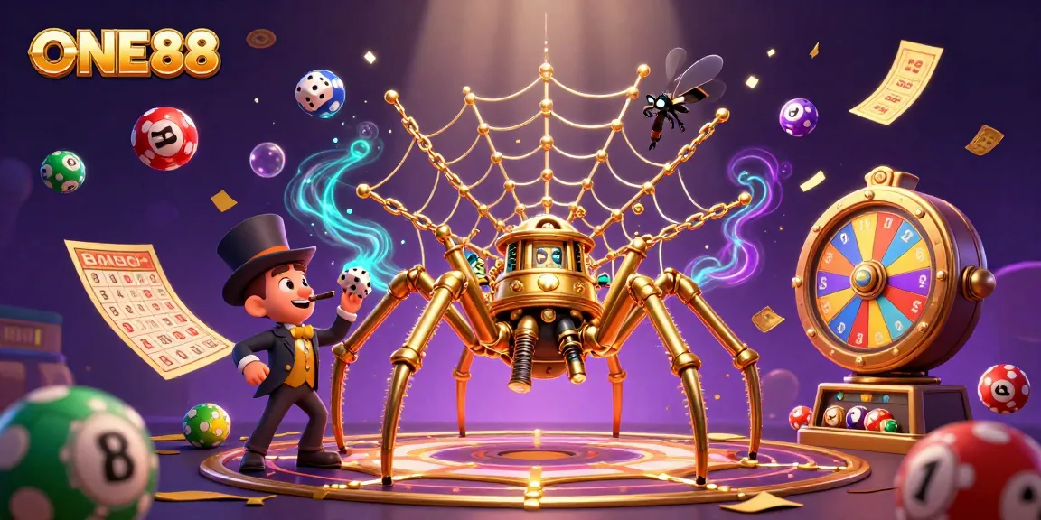 Experience the excitement of ONE88 with vibrant casino elements and a whimsical steampunk spider.