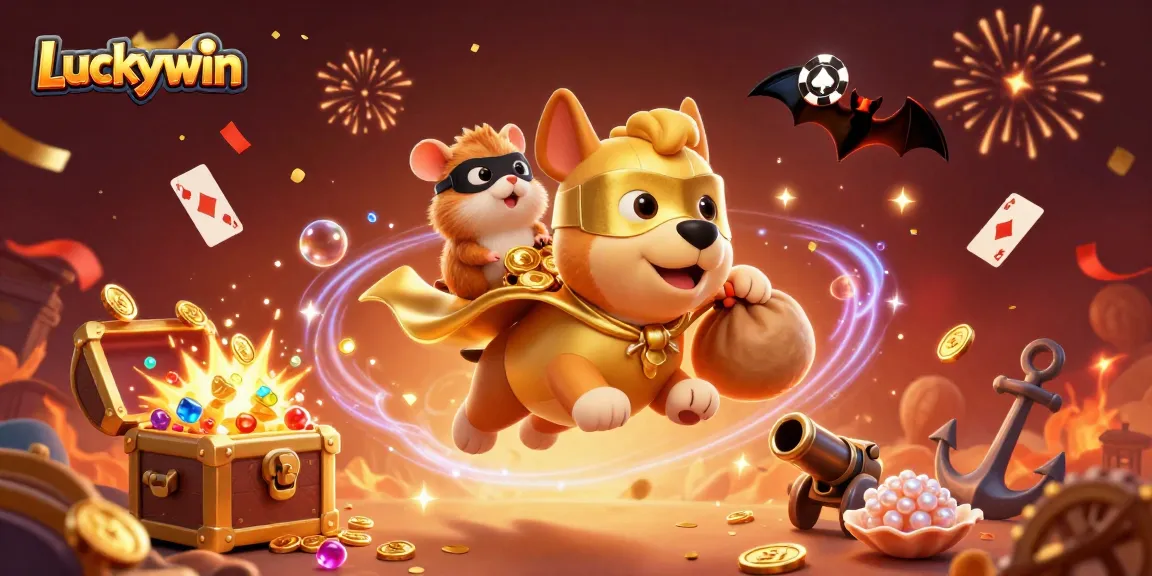 Luckywin features a superhero dog and hamster flying through gold coins in a vibrant casino scene.