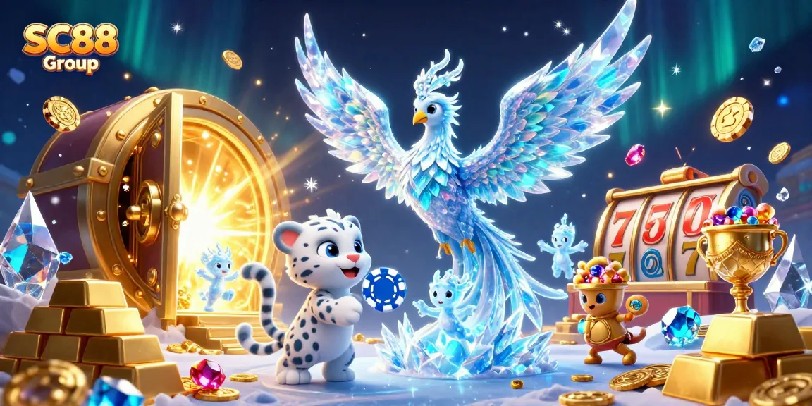 Engage players with SC88 Group's vibrant casino illustration showcasing an ice phoenix, playful snow leopard cub, and dynamic slot game elements.
