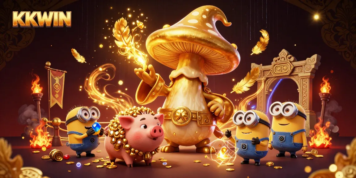 Experience the magic of KKWIN with a golden wizard and treasure-hunting pig in a dynamic casino scene.