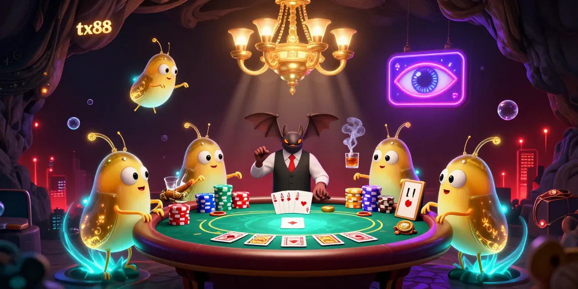 Engage with tx88's vibrant cave casino, featuring glowworms lighting up a poker table amidst rich game elements.