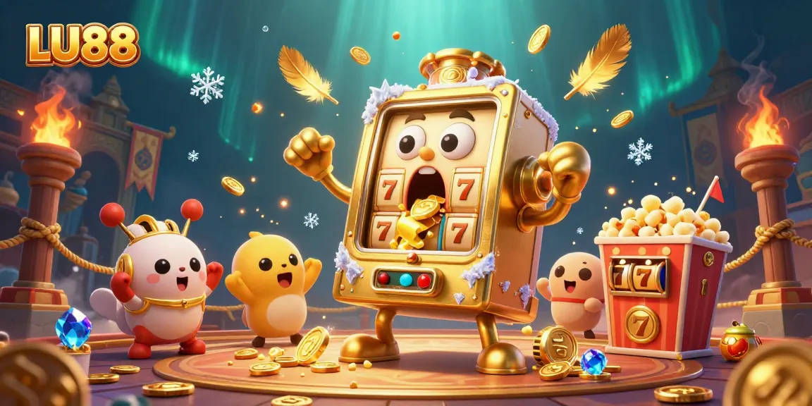 LU88 slot machine achieving jackpot excitement with coins bursting, celebrating gaming victory in a colorful casino scene.