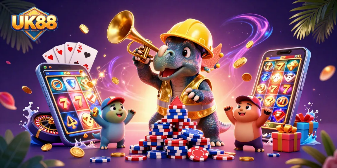 Experience excitement with UK88's vibrant casino scene featuring a triceratops and slot games.