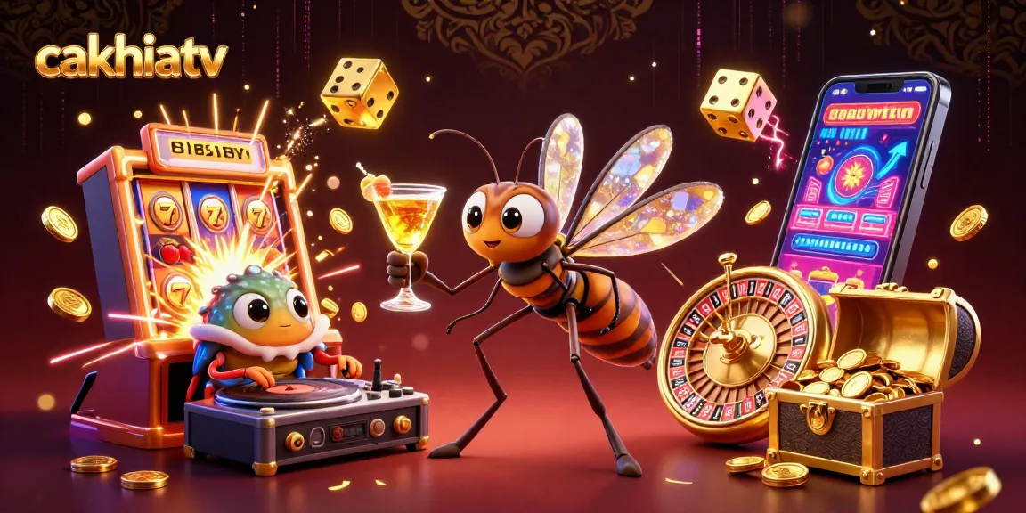 Experience exciting gameplay with cakhiatv through a vibrant casino scene filled with slot machines and games.