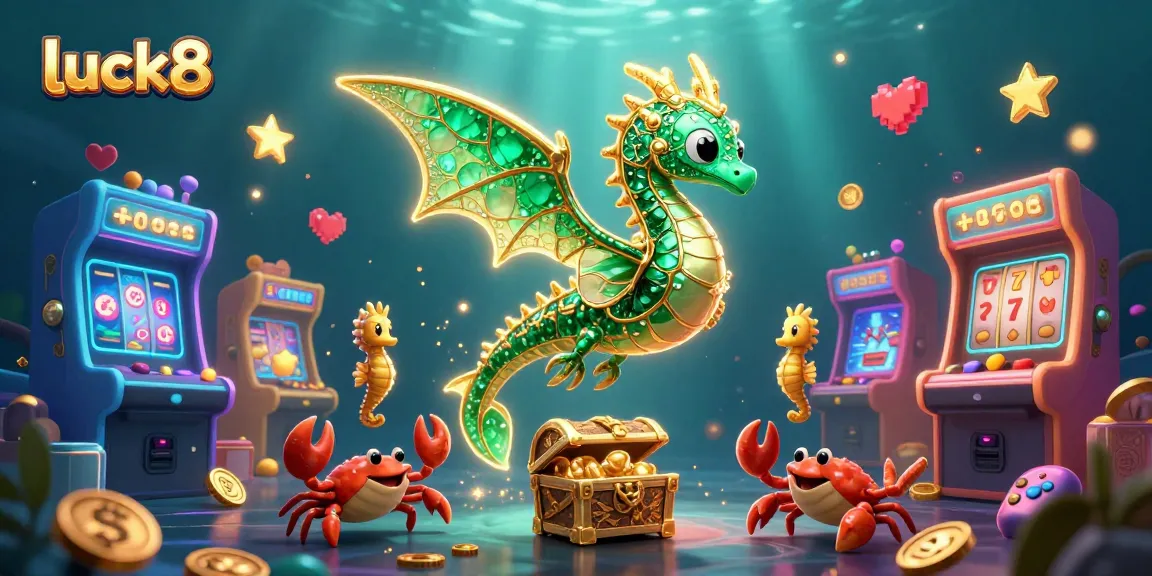 Experience luck8's gaming adventure with a majestic sea dragon amidst vibrant casino elements.