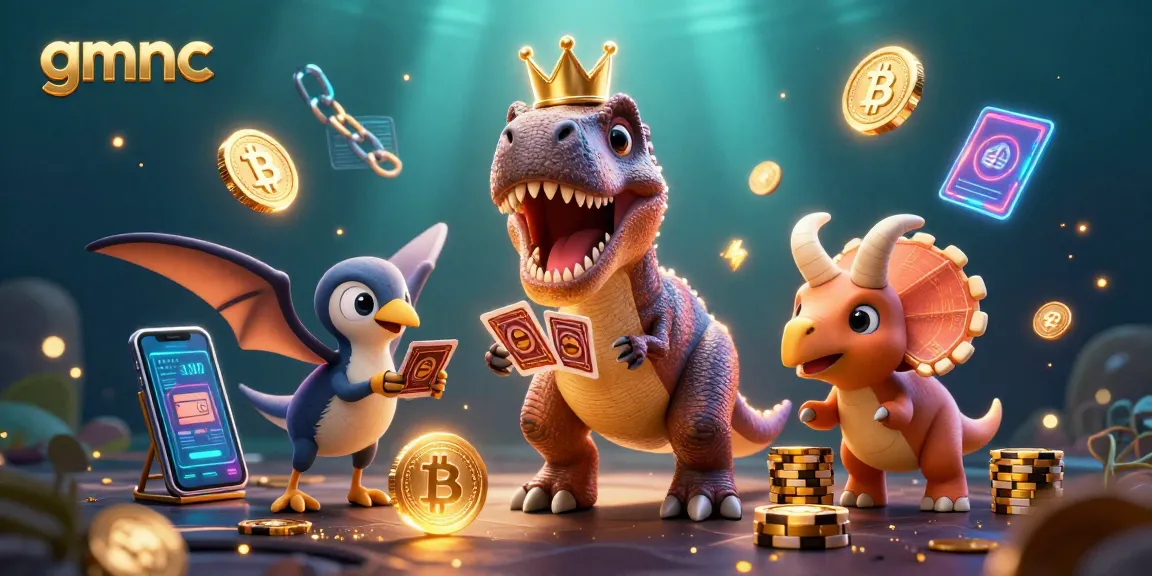 Watch gmnc's T-Rex shuffle cards while a pterodactyl assists in a vibrant crypto casino scene.