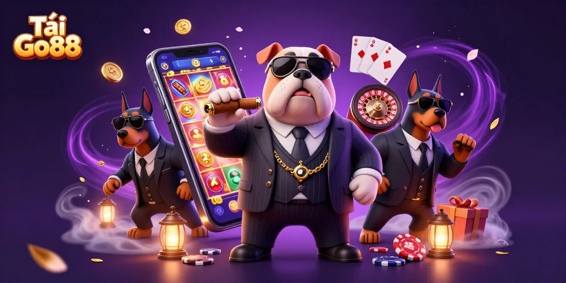 Tải Go88 and win big with a dynamic 3D scene of a mafia bulldog and casino elements.
