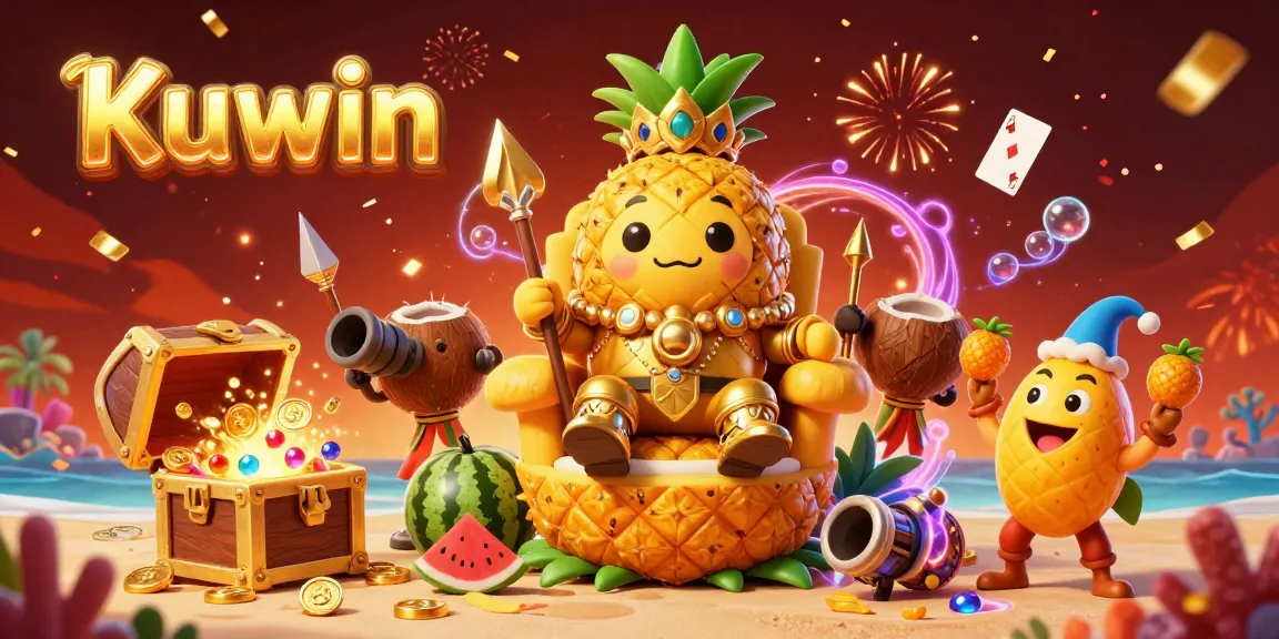 Kuwin's vibrant casino scene showcases a golden pineapple king and festive game elements in a fairy-tale beachfront.