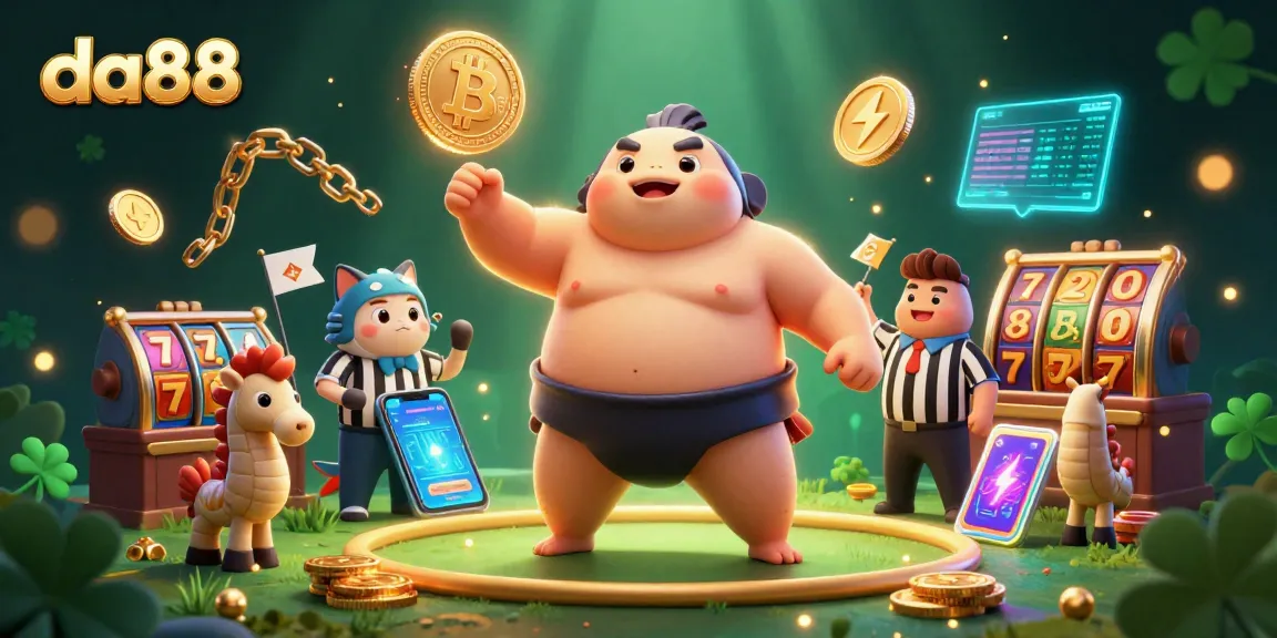 Engage with da88's vibrant casino atmosphere featuring a fugu, catfish referee, and colorful gambling elements.