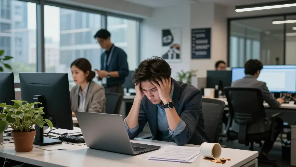Überwältigter Mitarbeiter im Büro, der Stress mit Chef erfährt, auf einem chaotischen Schreibtisch am Laptop.