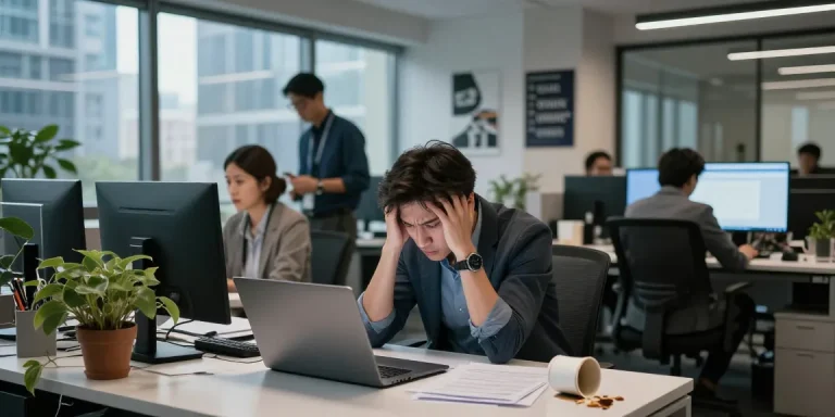 Überwältigter Mitarbeiter im Büro, der Stress mit Chef erfährt, auf einem chaotischen Schreibtisch am Laptop.