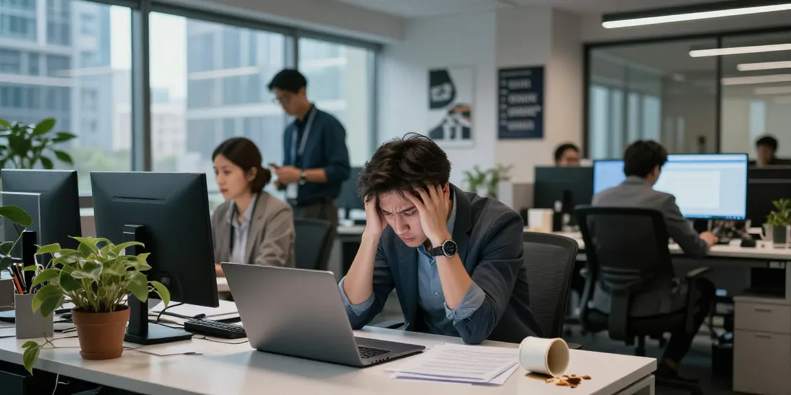 Überwältigter Mitarbeiter im Büro, der Stress mit Chef erfährt, auf einem chaotischen Schreibtisch am Laptop.