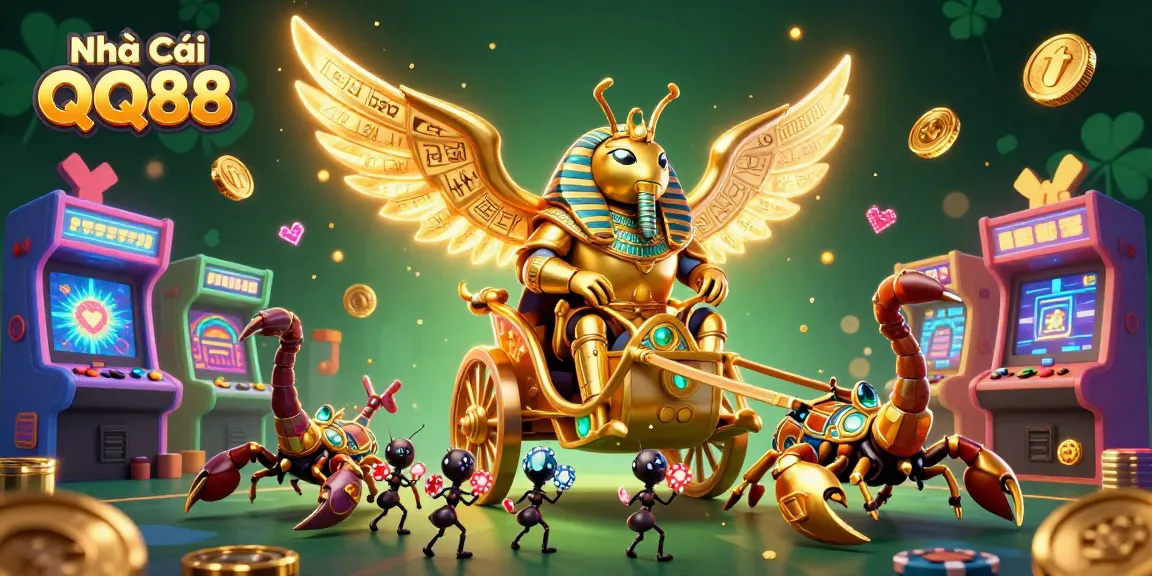 Engage with Nhà Cái QQ88's vibrant casino atmosphere featuring a pharaoh-inspired beetle and gaming elements.