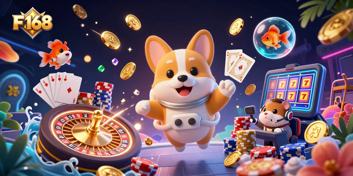 Experience thrilling fun with F 168 as a cartoon astronaut corgi plays casino games in space.