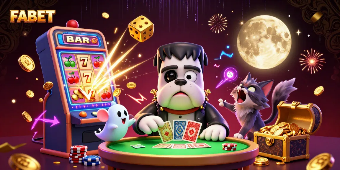 Engage in thrilling FABET card games at a vibrant, spooky-themed casino illustration.