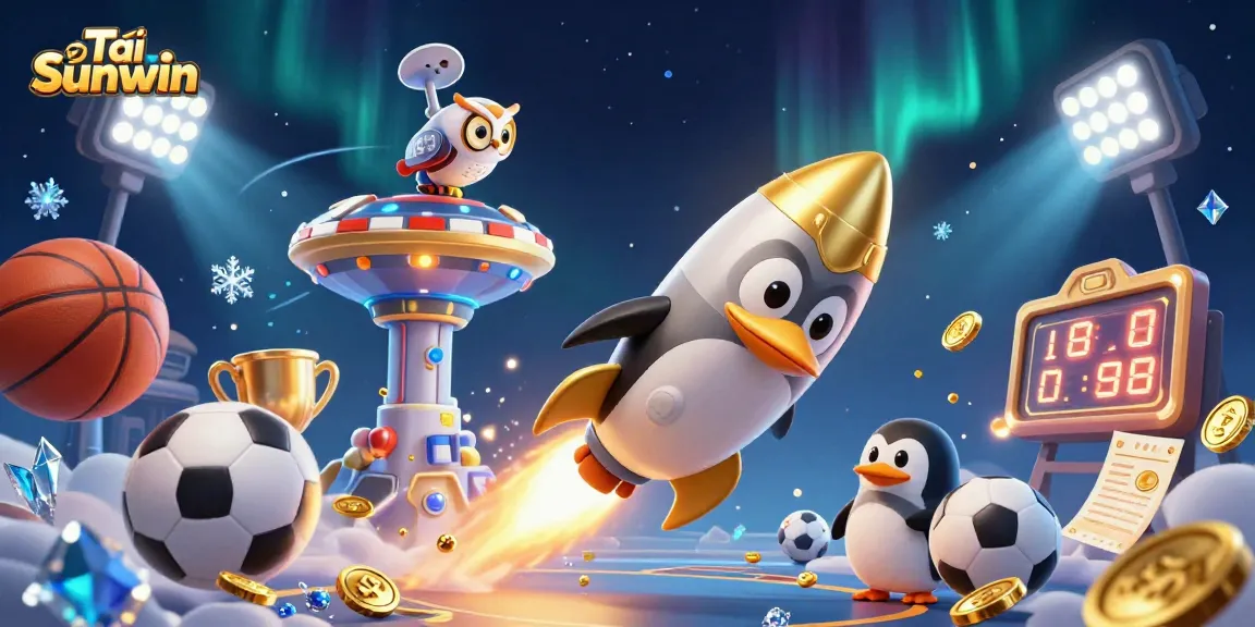 Tải Sunwin game illustration with a golden penguin, sports balls, and a vibrant casino in space.