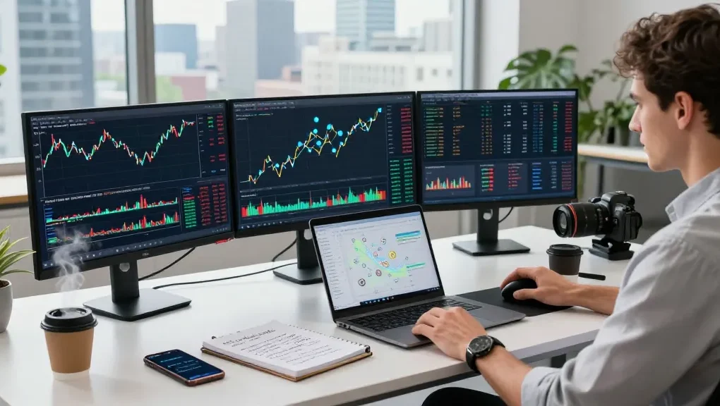 Analyst bei der Analyse von Krypto-Studien in modernem Büro mit Marktdaten und Statistiken.