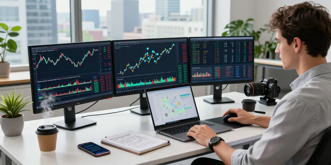 Analyst bei der Analyse von Krypto-Studien in modernem Büro mit Marktdaten und Statistiken.