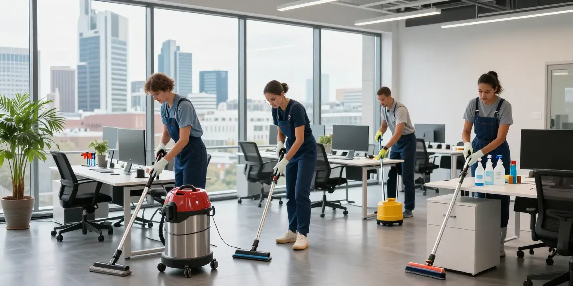 Professionelle Gebäudereinigung Düsseldorf mit geschultem Team und umweltfreundlichen Reinigungsprodukten in modernem Büro.