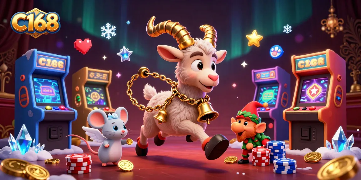 Play at C168's dynamic casino featuring festive characters and vibrant gaming elements in an engaging scene.
