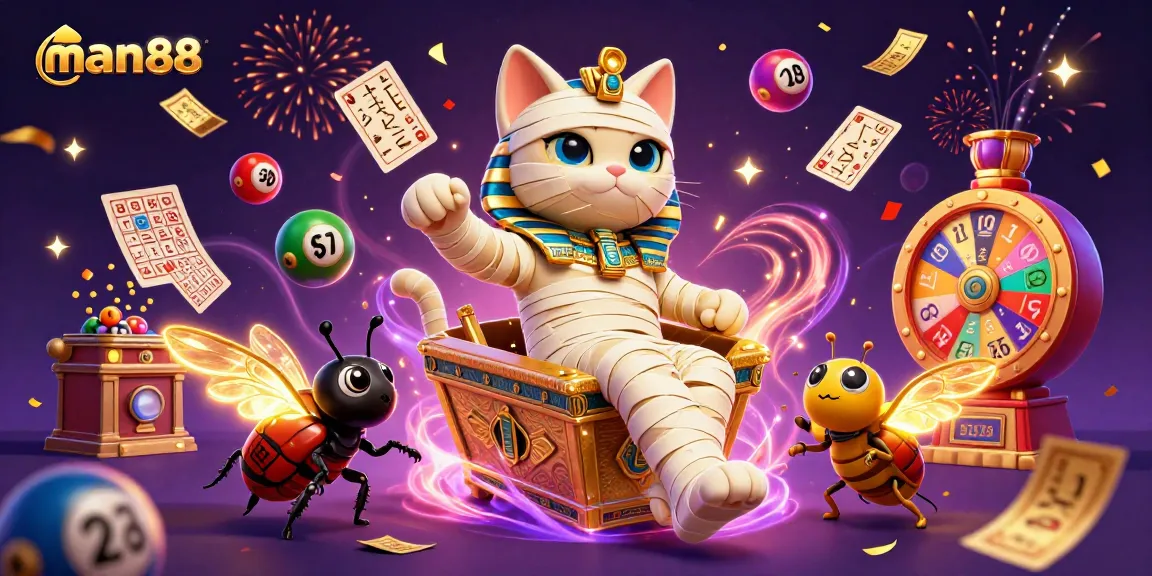 Experience excitement at man88 casino with a vibrant pyramid scene showcasing a mummy and games.