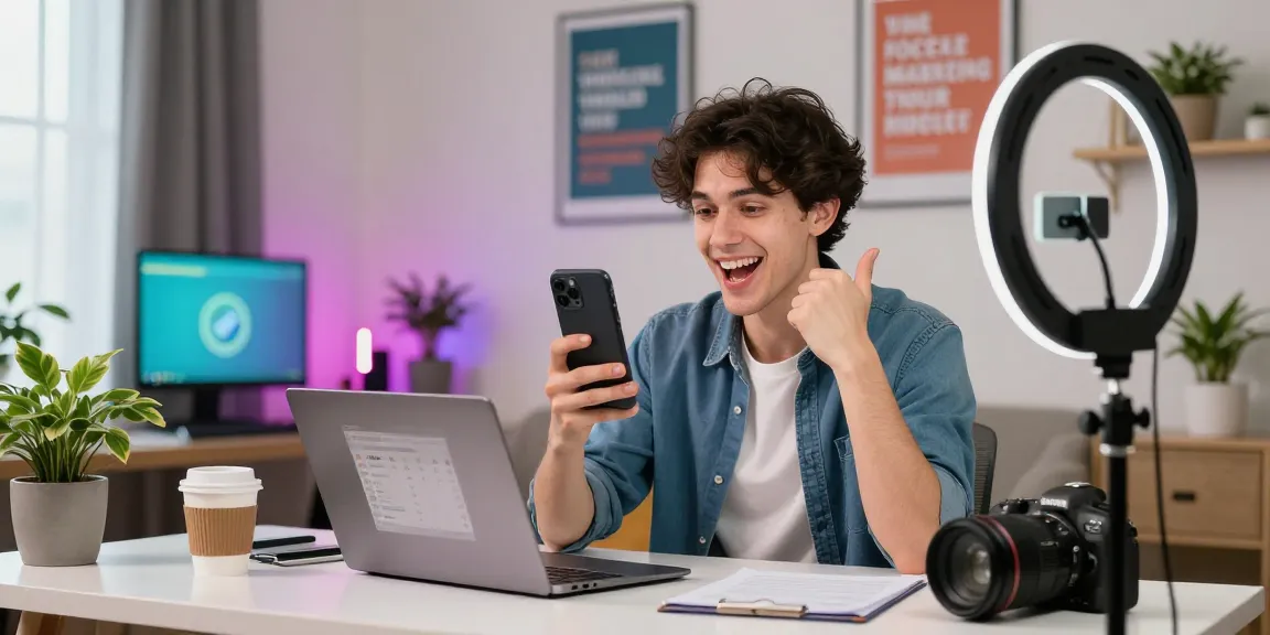 Junge Person, die TikTok Follower kauft und mit Fans in lebendigem Home-Office interagiert.