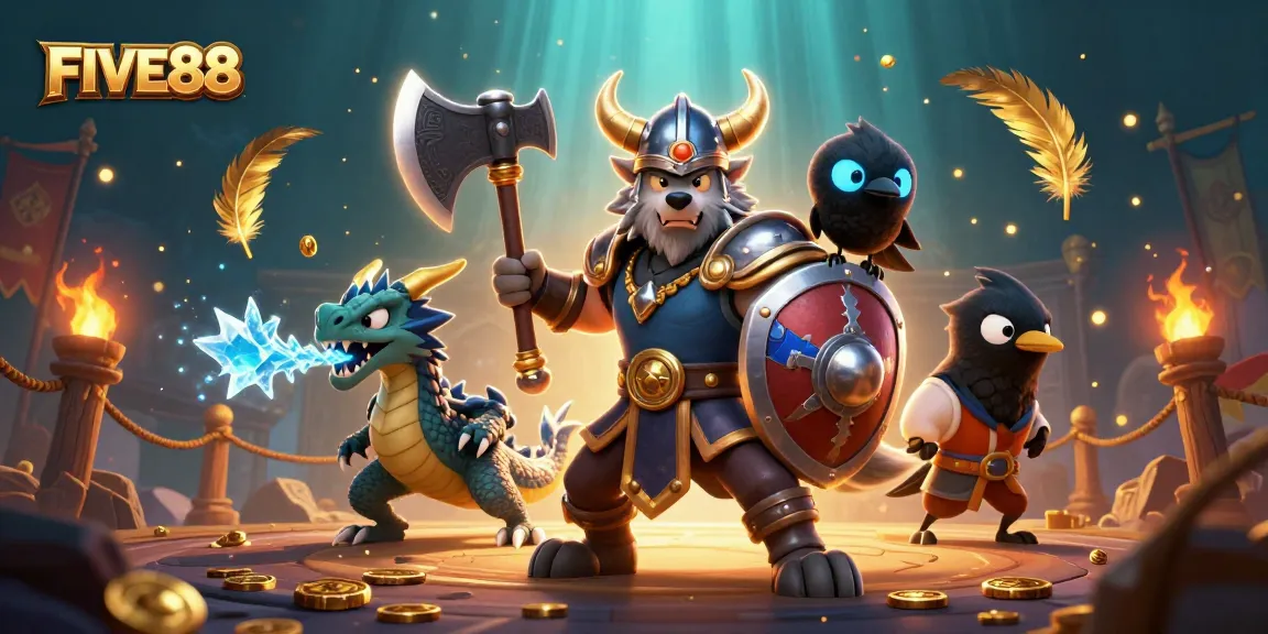 Experience the excitement of FIVE88 with a heroic Viking wolf warrior, ice dragon, and vibrant casino elements.