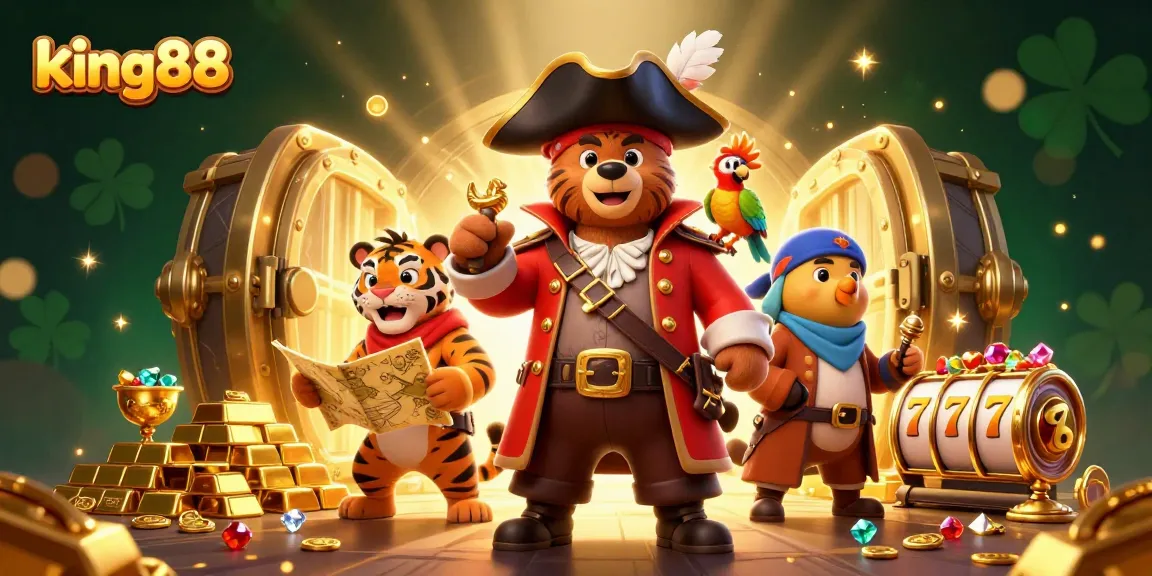 Experience the thrill of king88 with a pirate captain bear and tiger amidst vivid casino treasures.