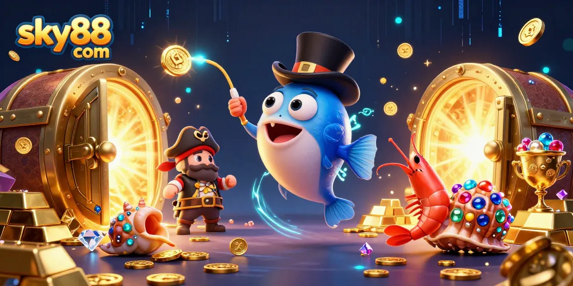 Win big with sky88 com as playful characters attract treasure in this vibrant casino-themed illustration.