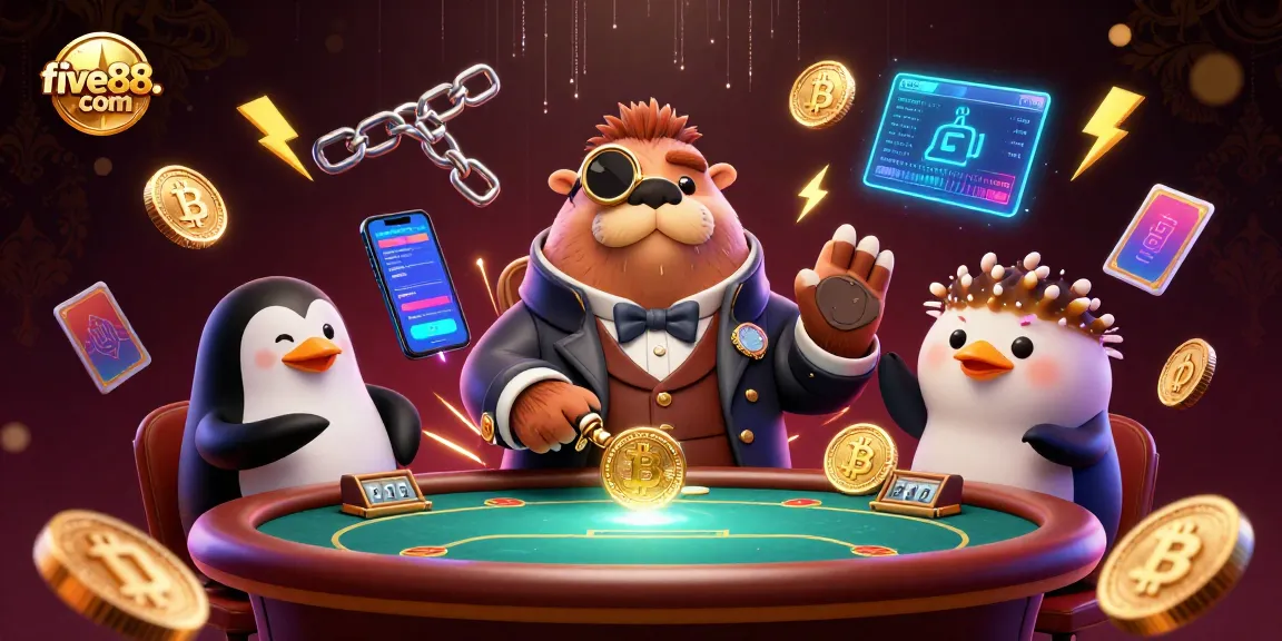 Experience thrilling games at five88. com with our cartoon characters in an underwater casino setting.