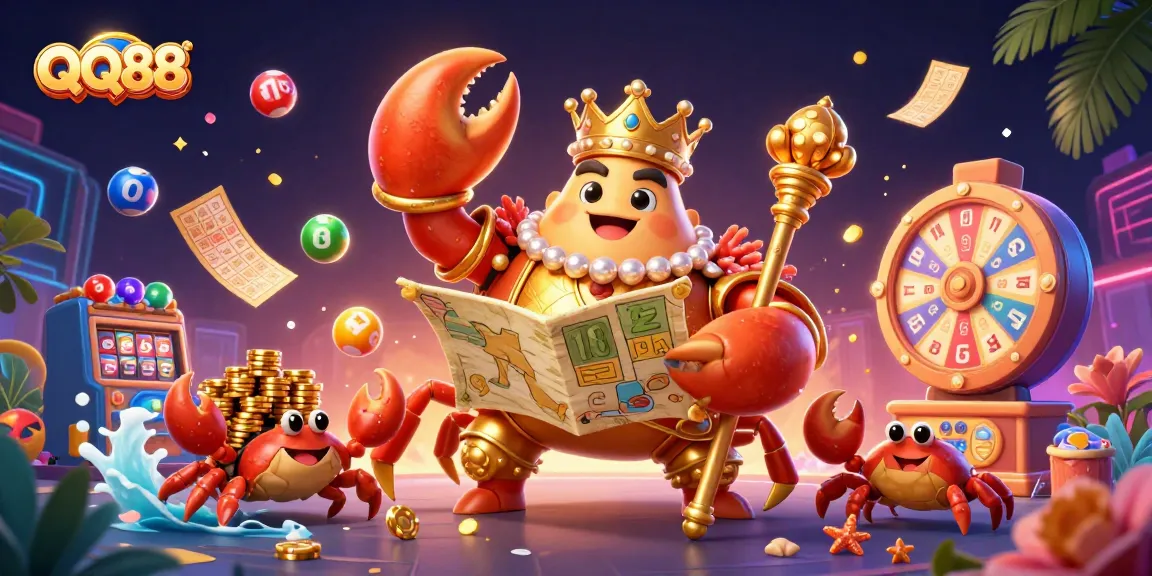 Experience the exciting world of QQ88 with a golden emperor crab in a vibrant casino scene.