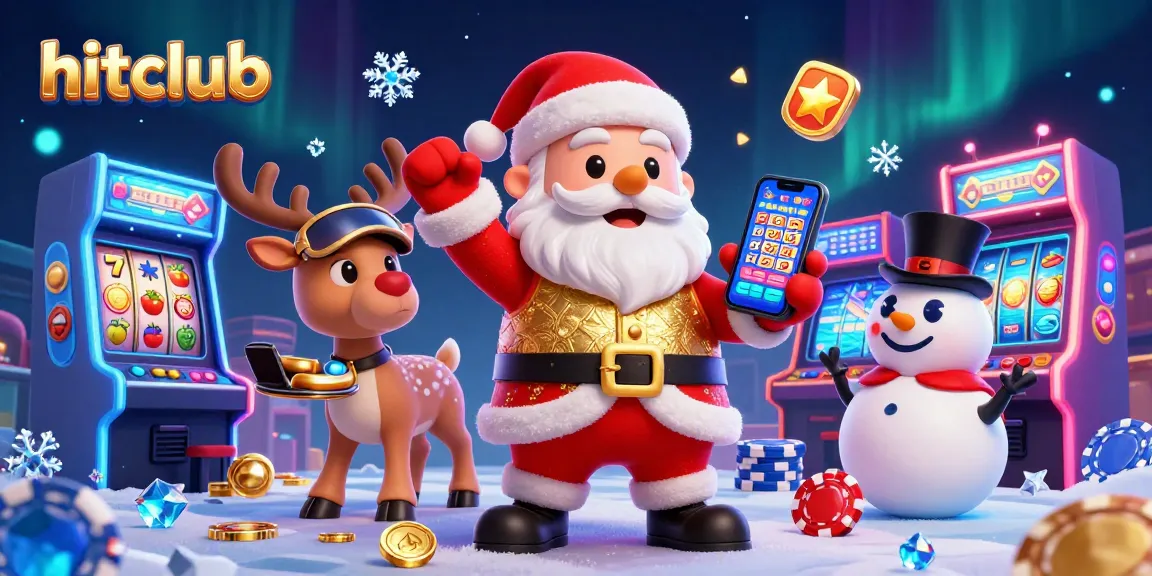 Hitclub features a festive casino scene with Santa, a reindeer dealer, and a poker chip snowman.