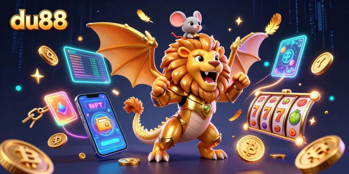 Experience thrilling du88 action with a triumphant chimera amidst slot reels and crypto coins.