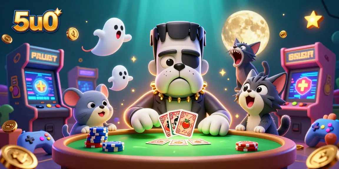 Engage with 5u0's thrilling casino adventure with a Frankenstein bulldog, ghost mouse, and werewolf kitten.