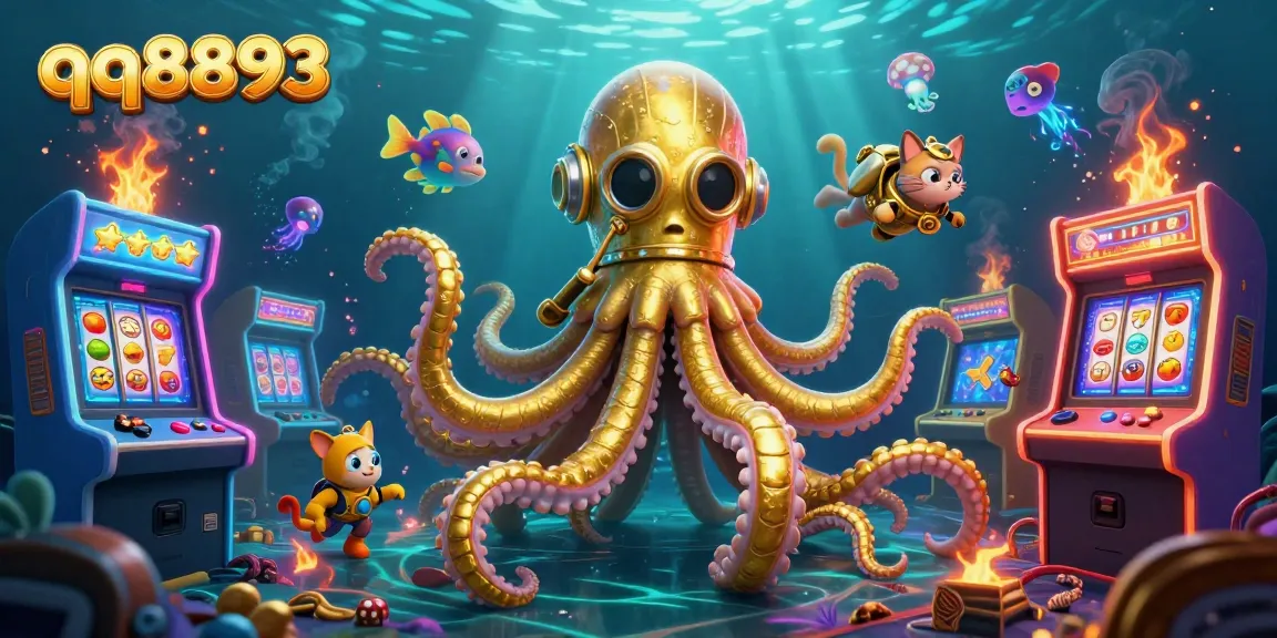 Experience the thrill of qq8893 with a whimsical kraken and diving cat in a vibrant casino scene.