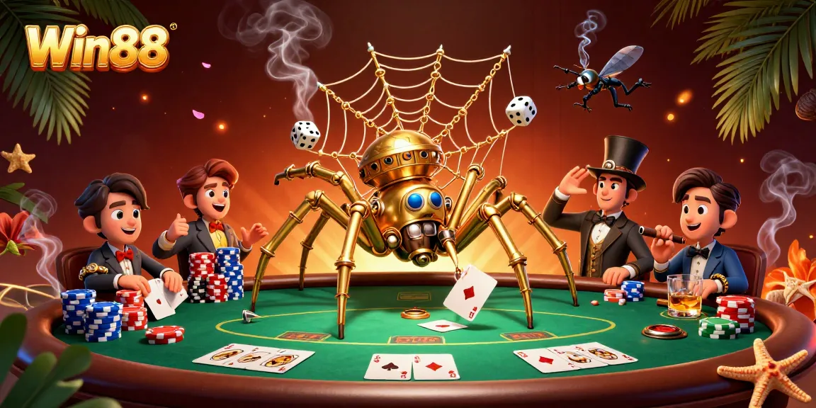 Win88 poker-themed artwork showcasing a steampunk spider and a fly gentleman in a dynamic casino scene.