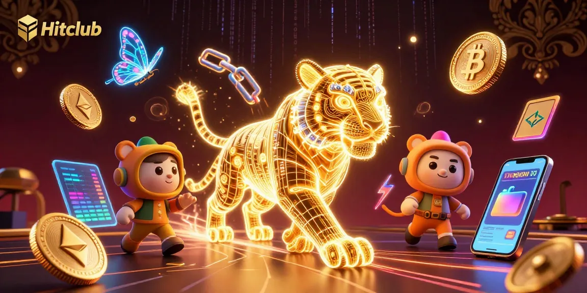 Engage in thrilling action with Hitclub, featuring a neon tiger in a digital casino landscape.