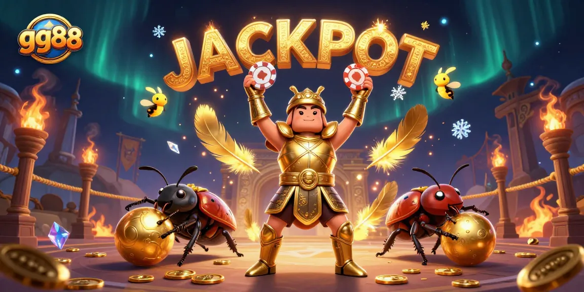 Spin the reels with gg88 as a cartoon beetle celebrates a jackpot victory in a vibrant casino arena.