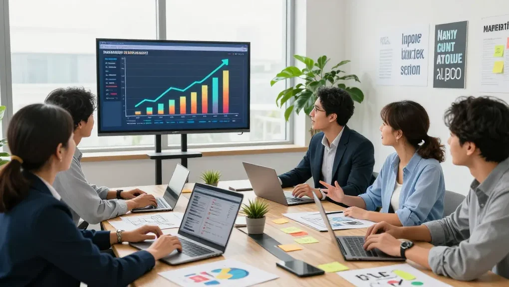 Collaborative workspace at signo-media showcasing a diverse team brainstorming digital marketing strategies and campaigns.