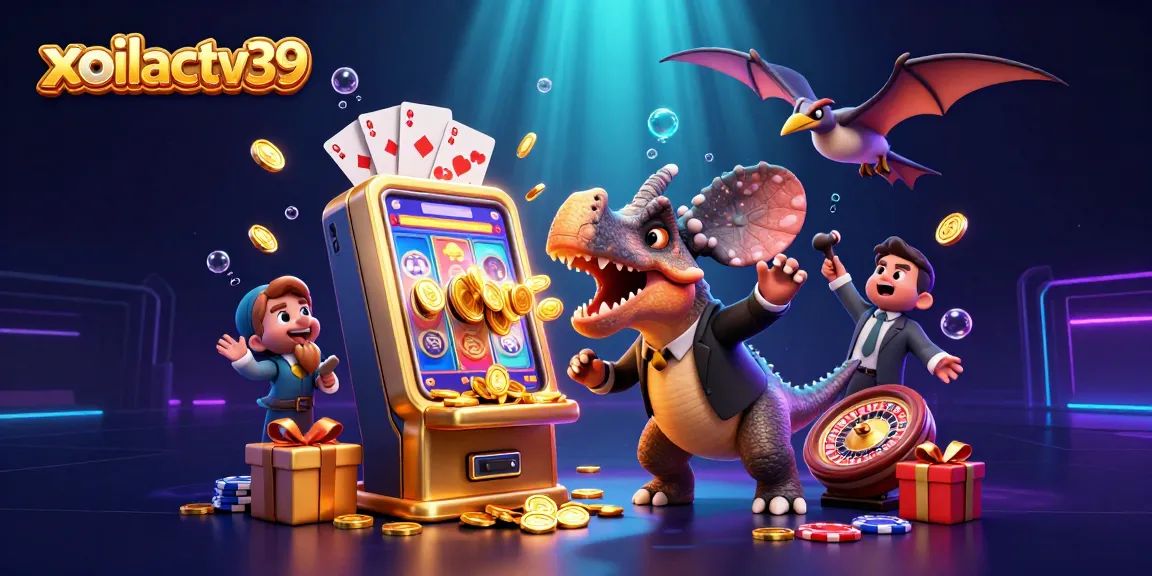 xoilactv39 visualizes a dynamic casino scene with a cartoon dinosaur winning jackpots amidst vivid gambling elements.