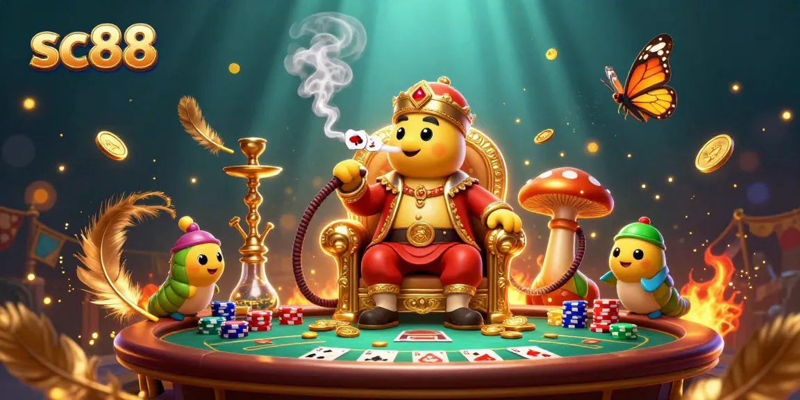 Experience sc88 at this vibrant casino scene with a unique caterpillar character and poker elements.