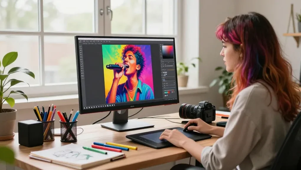 KI Bilder - Kreative Künstlerin arbeitet an digitalem Porträt in hellem Studio.