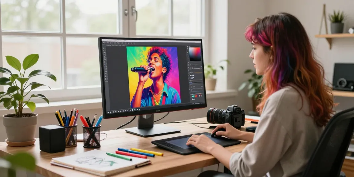 KI Bilder - Kreative Künstlerin arbeitet an digitalem Porträt in hellem Studio.