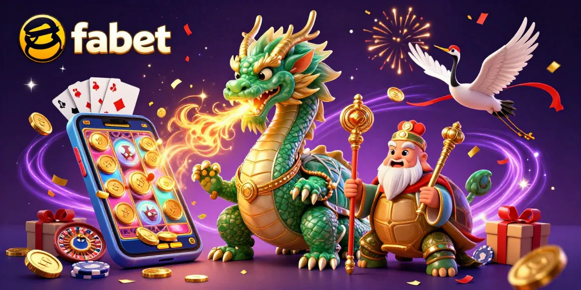Engage with fabet's vibrant casino world featuring a majestic dragon, sage, and lucky cranes amidst colorful gaming elements.